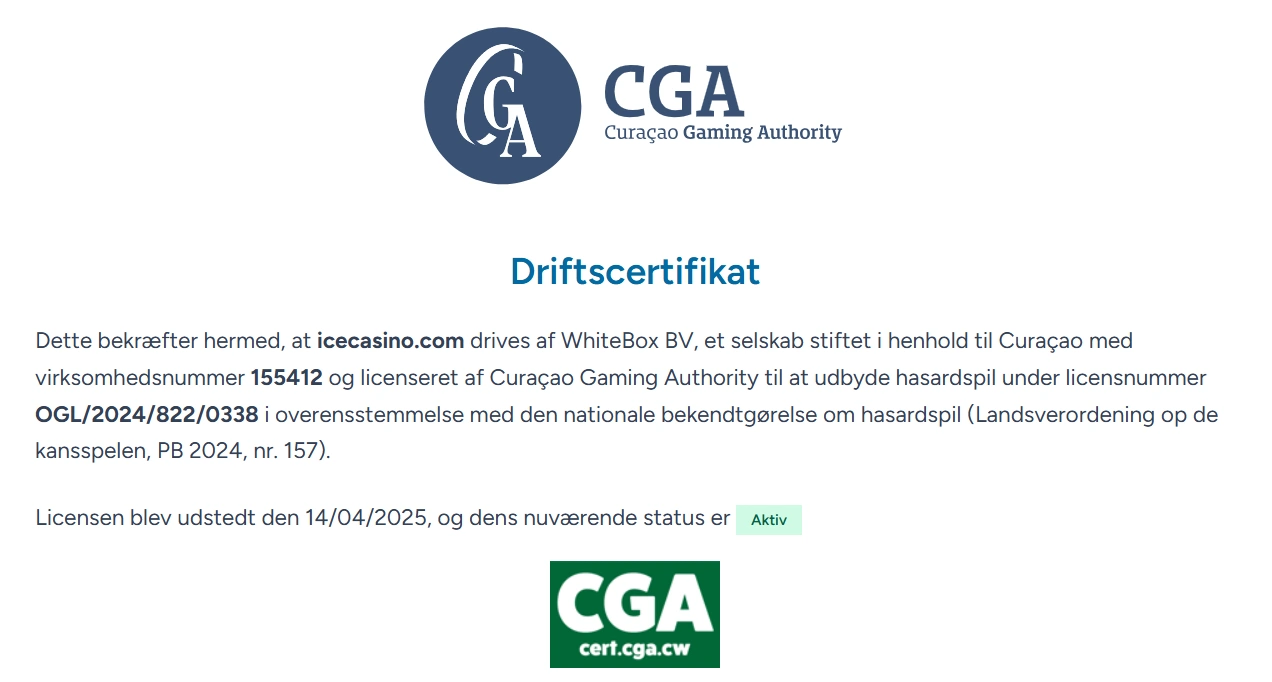 billede af Curaçao Gaming Authority certifikatet for icecasino.com og WhiteBox B.V.